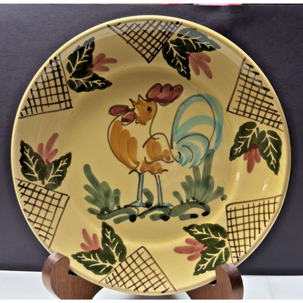 Vtg Lamas Pottery Italy Ceramic Rooster Hen Plate Floral Grid Design Farmhouse